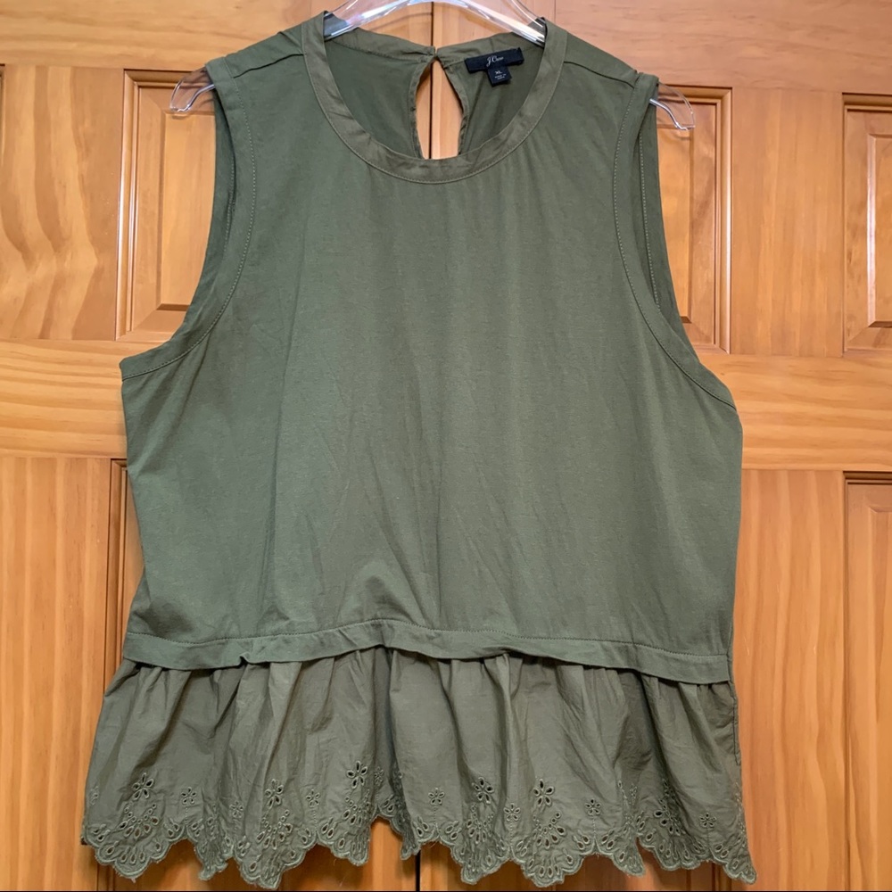 J. Crew Army Green Eyelet Hem Top XL - Picture 1 of 8